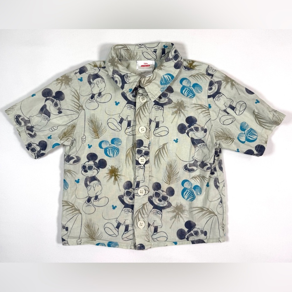 DISNEY Junior MICKEY Linen Blend Button Down Shirt 2T‎ Tropical Print
